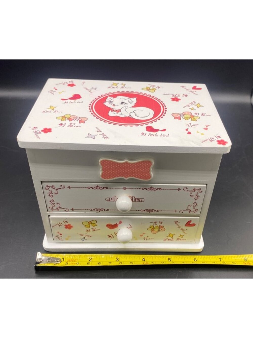 Kitten Wooden Musical Jewelry Box Cat Design Ballerina Drawer Pink Interior - Picture 15 of 16
